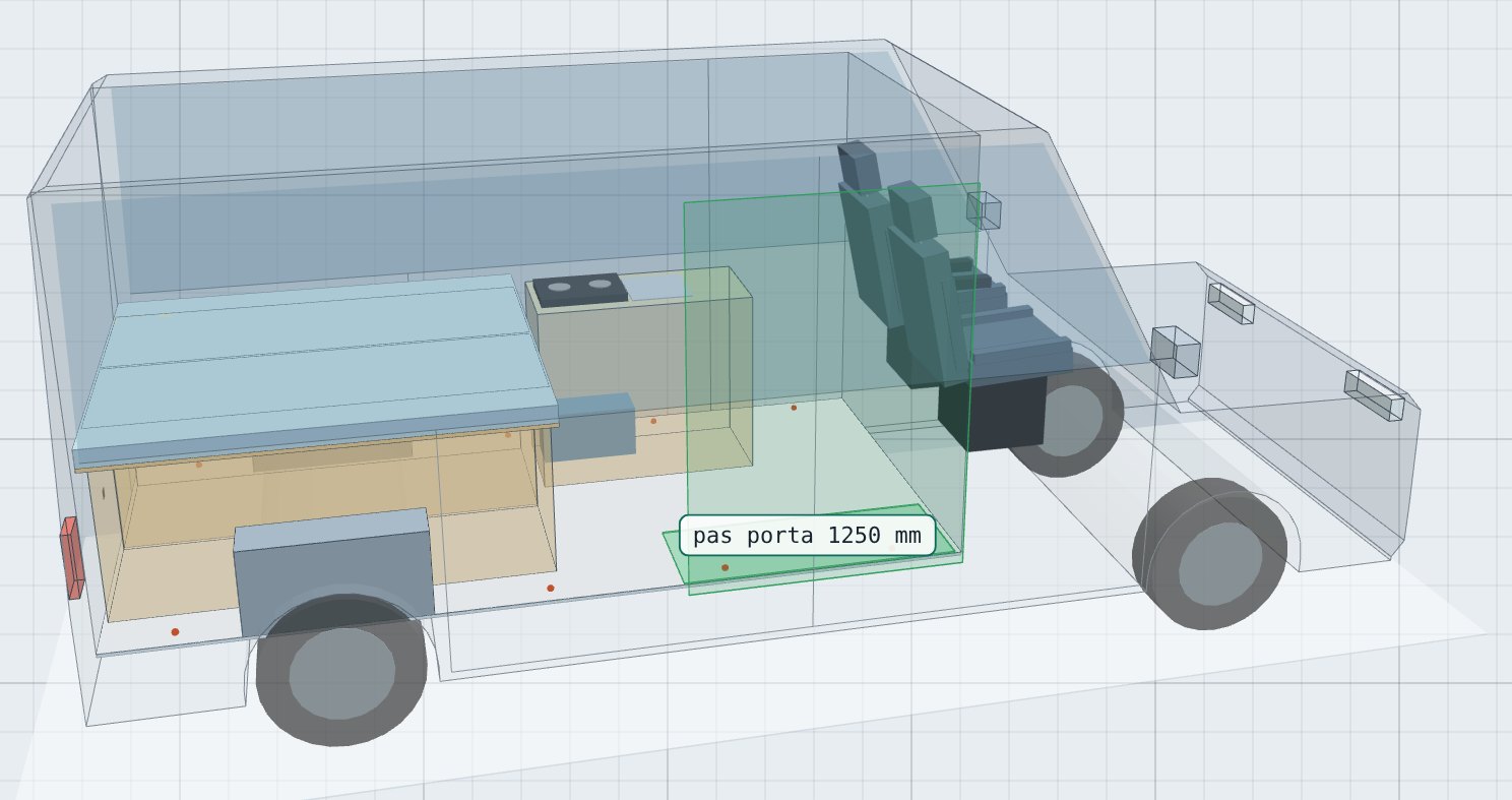 Vista 3D de la app con una Fiat Ducato camperizada: cama, garaje, cocina y paso de la puerta lateral