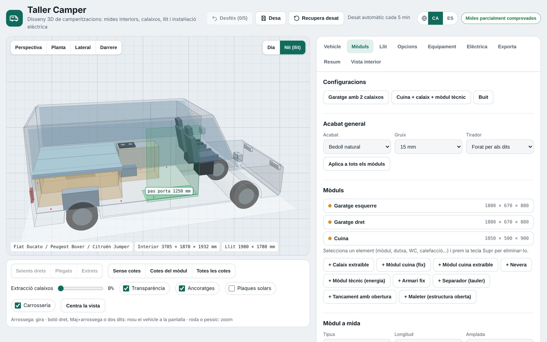 Pantalla de la app con la vista 3D, la lista de módulos y las medidas de cada pieza